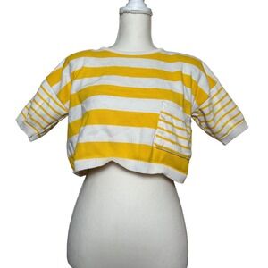Vintage Shoulder Pads Outlander Cropped Striped Sweater Yellow White Pocket S